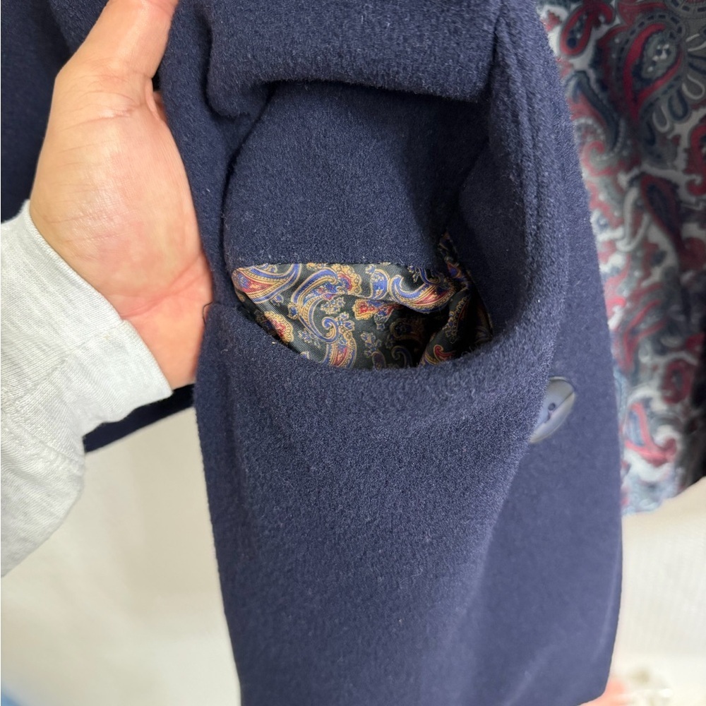 Vintage Herman Kay 80% Wool Navy Blue Double-Breasted Pea Coat w/ Paisley Lining - Picture 8 of 9
